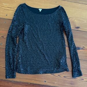 J Crew Long Sleeve Black Sequin Top